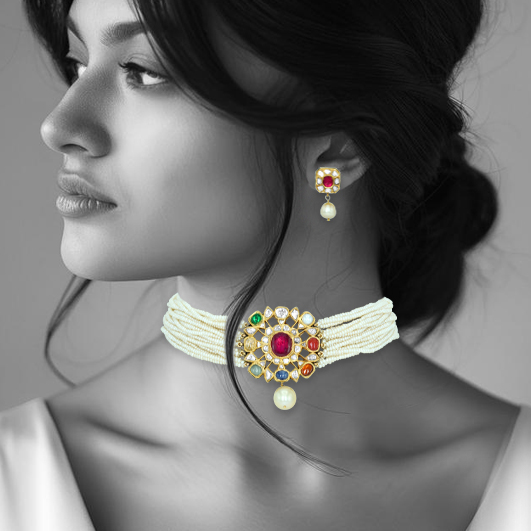 Multi-Strand Pearl Choker Set with Navaratna Motif and Drops